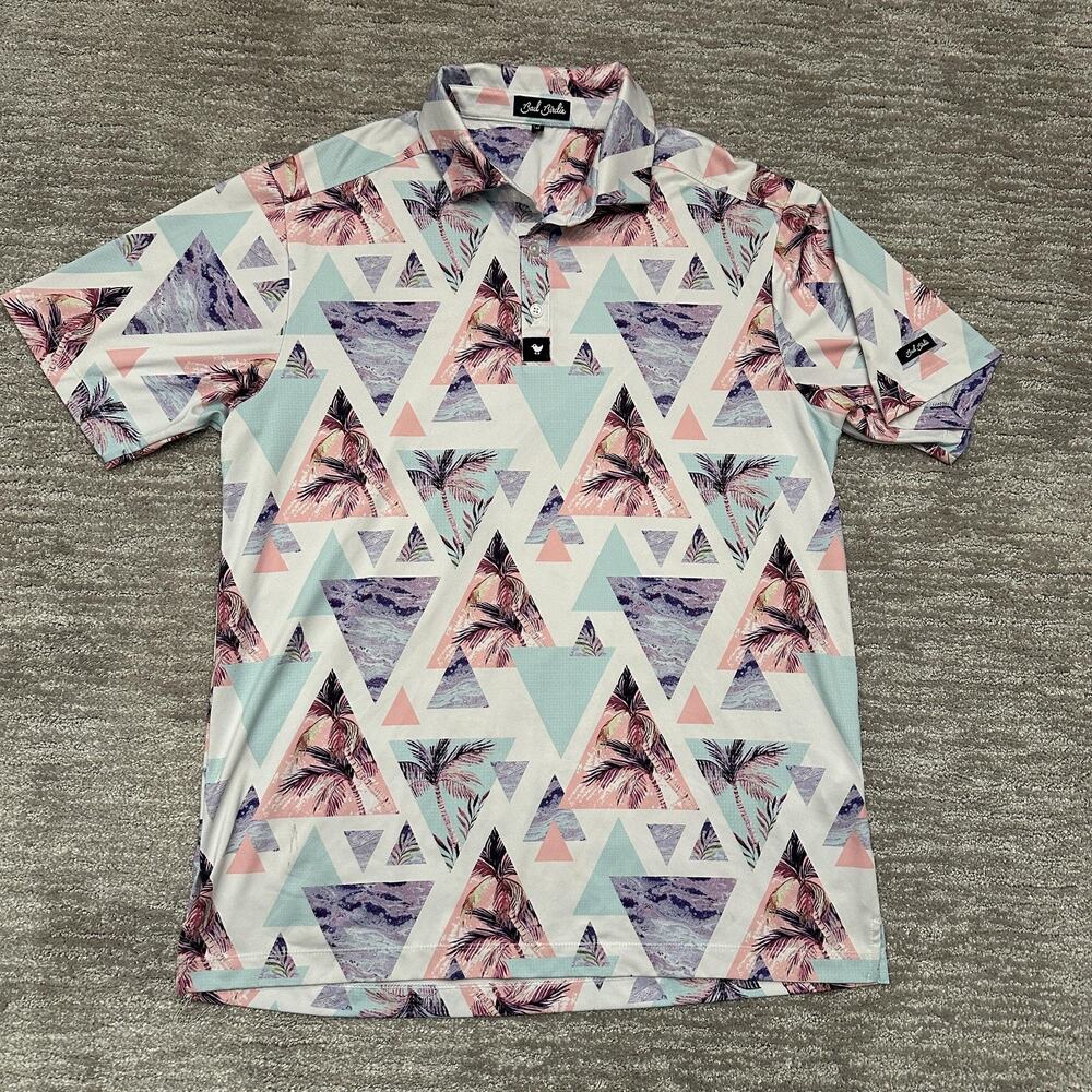 Bad Birdie Polo Shirt Men Medium Palm Triangles Tropical Golf Performance Pastel